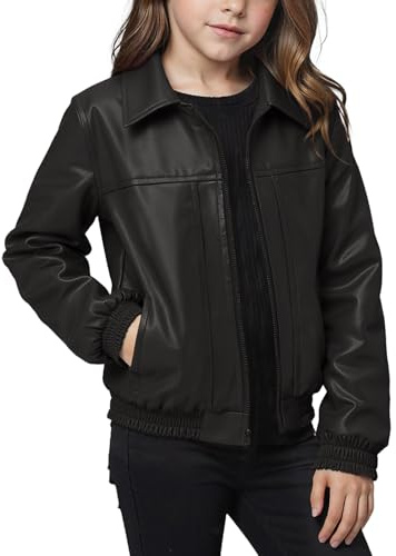 Noomelfish Girls Faux Leather Jackets Kids Motorcycle Bomber Coats Fall Outfits Winter Clothes, Black, Size 7-8 Years