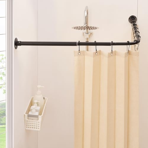 Mirooyu Barra de Ducha de Esquina en Forma de L, Ajustable [61-121 cm] x [61-121 cm], Sistema de Doble Deslizamiento 90° para Baño, Bañera y Exterior con 12 Ganchos y Soporte de Techo