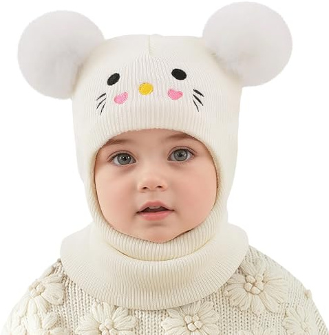 MASOCIO Balaclava mössa pojke flicka vinter varm stickad baby mössa med pompon 1–8 år, Vit, 1-8 años