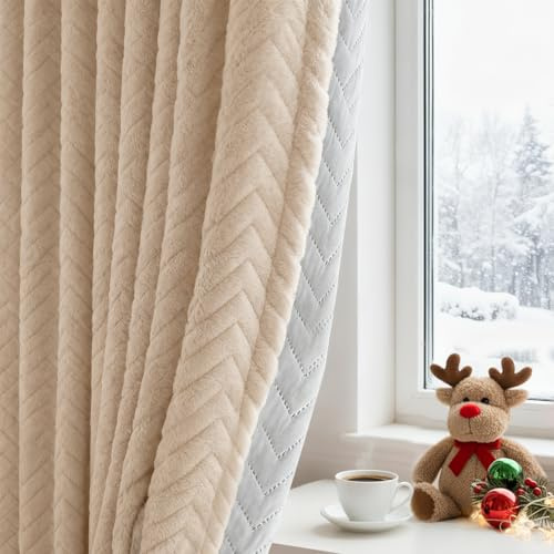 Plysch termisk skyddsgardin set om 2, H 265 x 140 cm tjock flanell termisk gardin, köldskydd, mörkläggningsgardiner mot kyla 350 g/m², veckband stång för vardagsrum sovrum (beige)