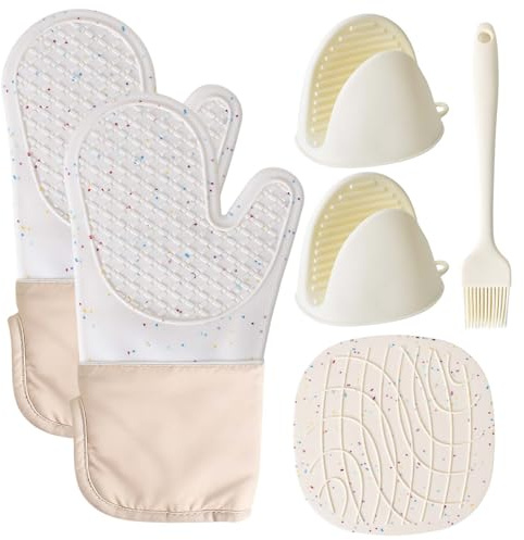 Set di 6 Guanti da Forno e Presine da Cucina Silicone Antiscivolo, Guanto Forno Cucina Alta Temperatura Fino a 230°C, 33.5cm Estesi Guanti Resistenti al Calore per Cucinare/Grigliare/Cuocere (Bianco)