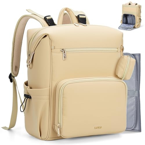 Lekesky Sac à Dos à Langer Grande Capacité, Sac à Langer Bébé avec Matelas à Langer & Attaches Poussette, Compartiment Isotherme, Poche Antivol, Sac Maman et Papa (Kaki)