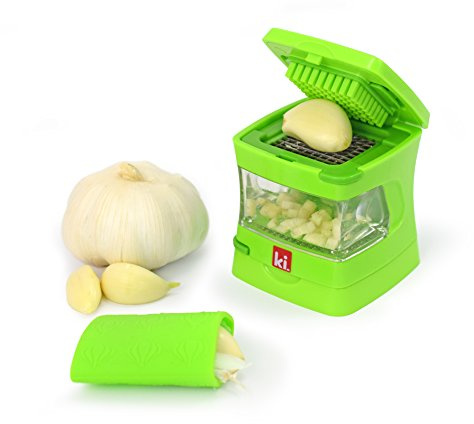 Kitchen Innovations Garlic-A-Peel Garlic Press, Crusher, Cutter, Mincer, and Storage Container - Includes Silicone Garlic Peeler - Easy to Clean - Stainless Steel Blades – (Green), standard
