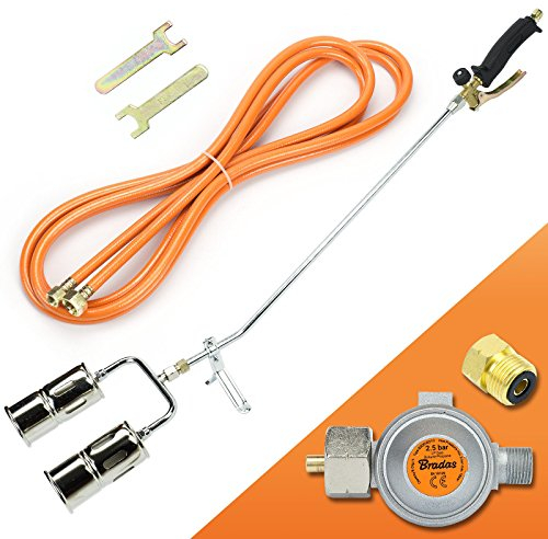 Gasbrenner Profi Dachdeckerbrenner – 110 kW Hochleistungs-Gasbrenner mit 2-Weg-Düse, inkl. 5 m Gasschlauch & Gasdruckregler 2,5 bar – Perfekt für Dacharbeiten, Bitumen & Unkrautbrennen