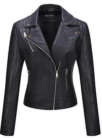 BELLIVERA Donna Giacca in pelle PU con tasche con zip Primavera Autunno Abbigliamento Corto Moto Biker Cappotto 53 Nero L