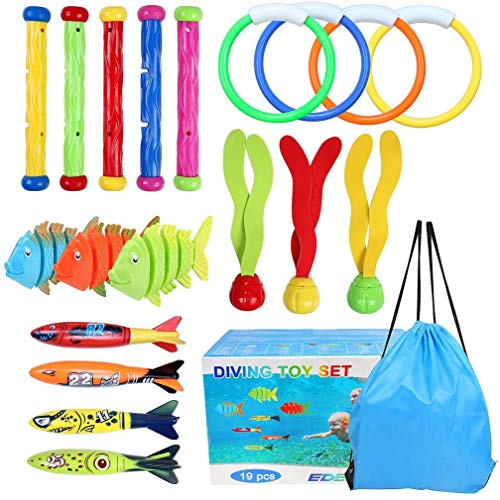 OWUDE 19PCS Pool Diving Toys Set Diving Rings Diving Toypedo Diving Sticks Aquatic Dive Balls Swimming Fish Swimming Pool Toys for Kids with Carrying Bag