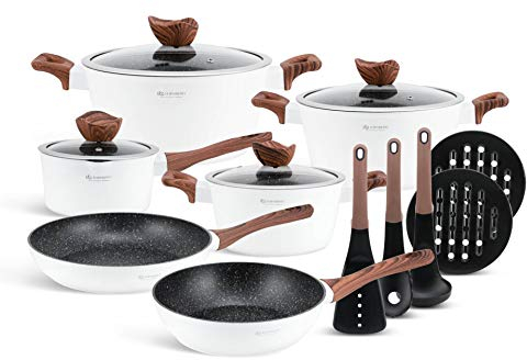 Edenberg EB-5622,15-Elemente-Set Marmortöpfe mit Topf, Pfannen und Küchenutensilien. Ideal für Gas, Elektro, Halogen, Kerami- und Induktionsherde.