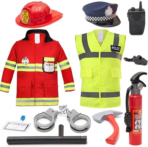 Polis- och brandmanskostym för barn, utklädnad för pojkar och flickor i åldrarna 3-7 år, inklusive polisdräkt, brandmanskostym och tillbehör, för utklädning, utklädning, halloween.