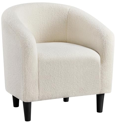 Yaheetech Accent Barrel Chair, Boucle Fabric Club Chair, Furry Sherpa Elegant Armchair with Cozy Soft Padded, Suitable for Living Room Bedroom Reception Room Office, Ivory