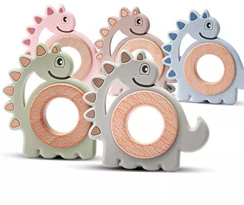 Dinosaurier Beißring für Baby Natur Buchen-Holz & Silikon - Kauspielzeug, Zahnungshilfe & Greifring für Jungen & Mädchen - Babyspielzeug nachhaltig, BPA-frei, schadstofffrei (Dino Pink)
