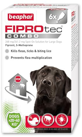 Beaphar - FIPROtec® COMBO for Large Dogs (20-40kg) - 6 pipettes - Kills Fleas, Flea Eggs, Flea Larvae & Ticks - Stops Fleas Multiplying on Pet and in Home - Vet Strength Dog Flea Treatment