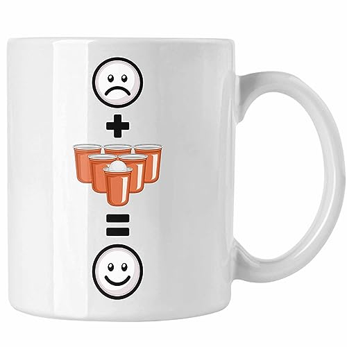 Trendation - Bierpong Tasse Geschenk für Bier Pong Profi Lustige Geschenkidee :(+ Bierpong = :) Geburtstag (Weiß)