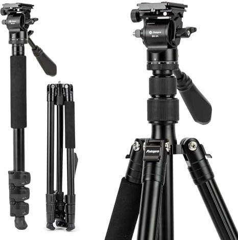 Fotopro 168CM/66inch trépied vidéo de Voyage en Aluminium et Monopode avec tête Fluide 360°, trépied d'appareil Photo Professionnel pour DSLR Canon Nikon Sony, Charge jusqu'à 3KG/6.6lbs