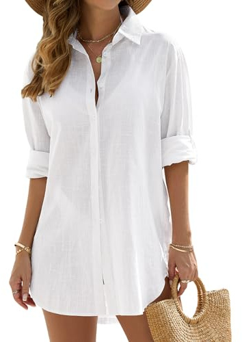 Vancavoo Copricostume Donna Mare Camicia Lunga Estiva Cotone Camicetta Scollo a V Copri Costume da Spiaggia Sciolti Casual Bikini Cover Up,Bianco,XL