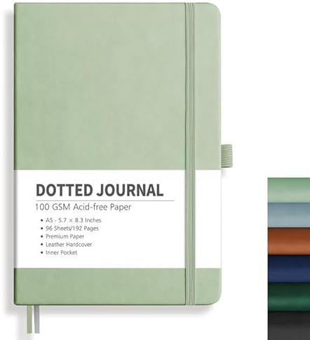 RETTACY Anteckningsbok A5-prickigt rutnät journal med 192 sidor, 1 bakficka och högkvalitativt inbunden för konstnärer att skriva/teckna, 14,5 x 21 cm – ljusgrön