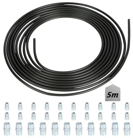 LALAGO 1 Stück Bremsleitungen, Schwarzes Bremsleitung Set 5m Ø4,75mm, mit 20 Verschraubungen und 10 Verbinder, Einbaufertige Bremsrohr, Bremsleitung Bördelgerät