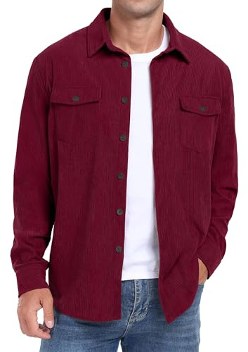 QIXING Surchemise boutonnée à manches longues en velours côtelé pour homme