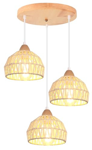 iDEGU Pendellampa i vintagestil, 3-spots, trä, rotting, lampskärm, 20 cm, E27, retro, pendellampa, matsal, sovrum, vardagsrum, kök (krämvit, rund)