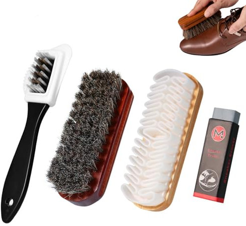 Brosse Daim Ensemble de 4 Pièces, Brosse Daim Chaussures& Nubuck Cuir, avec Brossee à Crinière de Cheval, 4 Côtés Brossee Nubuck Poils en Laiton et Gomme - Nettoyage Doux pour Chaussures, Accessoires