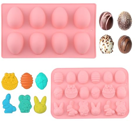 SJUNJIE Stampo Uovo di Pasqua 2 Stampi in Silicone Stampi Cioccolatini Uova di Pasqua e Coniglietti Stampi Uova di Pasqua Antiaderenti per Biscotti Budini Caramelle Gelati Sapone