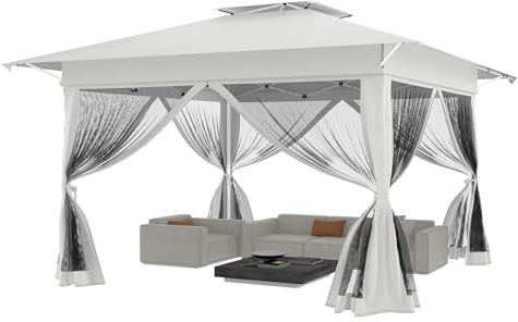 YRHome Vit pop-up paviljong 4 x 4 m trädgårdstält stabil vattentät och vintersäker vikbar paviljong dubbeltak 4 myggnät UV-skydd höjdjusterbar 210D oxfordtyg inkl. bärväska för trädgård