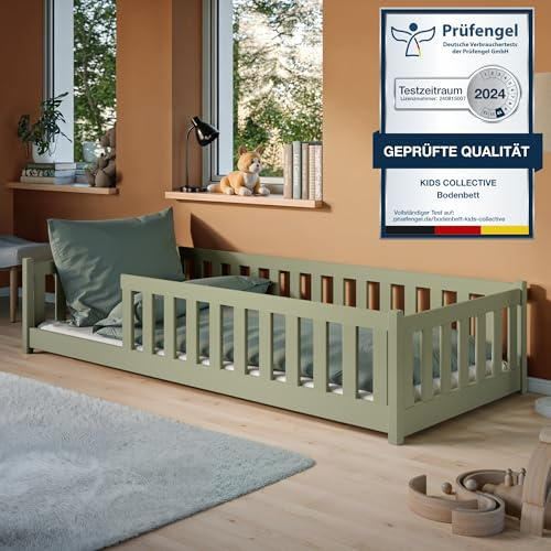 Kinderbett Bodenbett 80x180 cm mit Rausfallschutz & Lattenrost Montessori Bett Bed Kinder Jugendbett Einzelbett optional mit Matratze | Olivgrün weitere Größen 80x160 | 90x200 | 120x200 | 140x200 cm