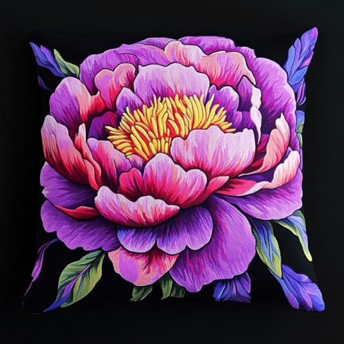 AMBATTERY Kreuzstich Kissen Vorgedruckt, Blühende lila Blumen 11CT Stickset für Kreuzstichkissen,Stickset Anfänger DIY Kreuzstichkissen Zum Dekorieren Handstickerei Kissenbezug Set