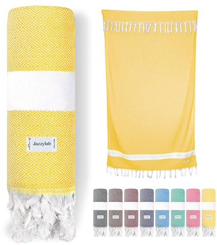 jazzylab ELMAS Peshtemal Hammam | Telo turco in puro cotone con motivo a quadri classico | Leggero, assorbente e compatto | Ideale per spiaggia, bagno, spa o viaggio | 90x180 cm - Giallo
