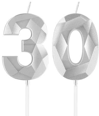 mciskin Silver 30th Birthday Candles, 30th Birthday Decorations for Women Men,3D Number 30 Candles for Cake,Silver Candle Cake Topper Decorations for Birthday Party Weddings Anniversary Supplies