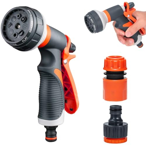 Garegce Garden Hose Spray Gun - 8 Adjustable Patterns Multi, Jet High Pressure Hose Pipe Spray Gun for Garden Watering, Lawn Care, Car Washing & Cleaning - Includes Hose Pipe Connector & Tap Fittings