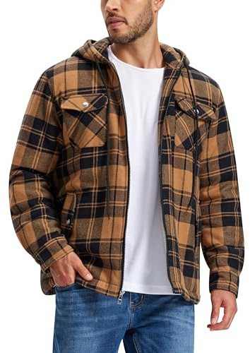 MoFiz Hombre Chaqueta Camisa de Franela Algodón a Cuadros Forrada Invierno Ropa de Abrigo Manga Larga con Capucha y Cinco Bolsillos Marrón Negro EU L
