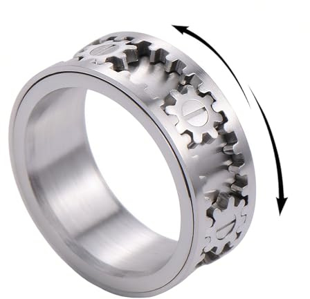 Genérico Anillo Giratorio Antiestres Plata, Anillo Antiestres Acero Inoxidable Hombre, Anillos Engranaje Giratorio Anti Ansiedad, Accesorio de Moda para Hombre y Mujer Regalo (12)
