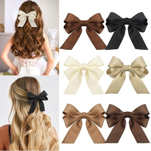Zosutetoxo 6 pièces Barrettes Femmes : Nœuds en Satin Doux avec Clip Antidérapant, Pince à Cheveux Brune pour Cheveux Bouclés et Raides, Accessoires Capillaires Élégants pour Fête et Mariage