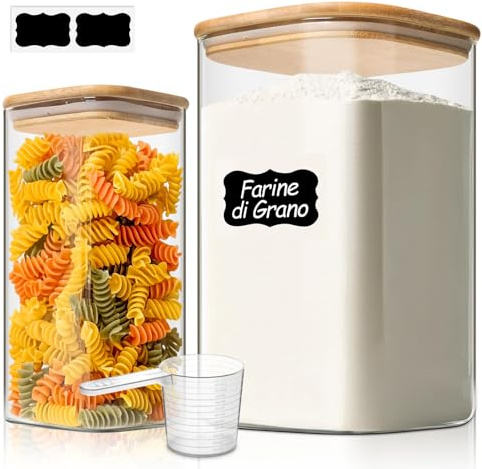 ComSaf förvaringsburkar i glas med bambulock, 1,1 L–3,4 L, 2-pack | fyrkantig och kompakt, makaroner, torkade ananasskivor, kycklingbuljongpulver, för skafferi och kök