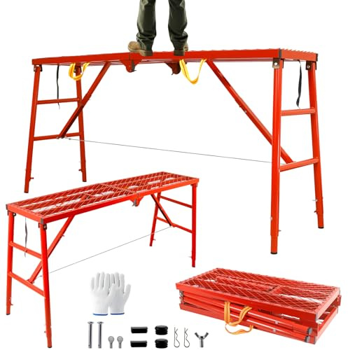 Folding Scaffolding Platform, 72x17x34-56 Inch Work Platform, 5 Adjustable Heights Scaffolding Platform Ladder, 880 LBS Carbon Steel Scaffold for Construction Sites & Home Renovation