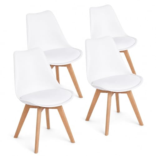 EGGREE Dining Chairs Set of 4, White Scandinavian Side Chairs with Curved PP Shell, Faux Leather Padded Seat, Solid Beech Wood Legs and Floor Protectors, Easy-Clean Kitchen & Dining Room Chairs