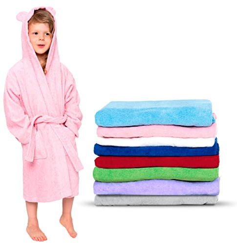 Twinzen - Albornoz Niños Algodón - Niño y Niña - 100% Algodón OEKO-TEX® - Bata de Baño 2 Bolsillos, Cinturón y Capucha, Rosa Pálido, 7-8 años, (size4)