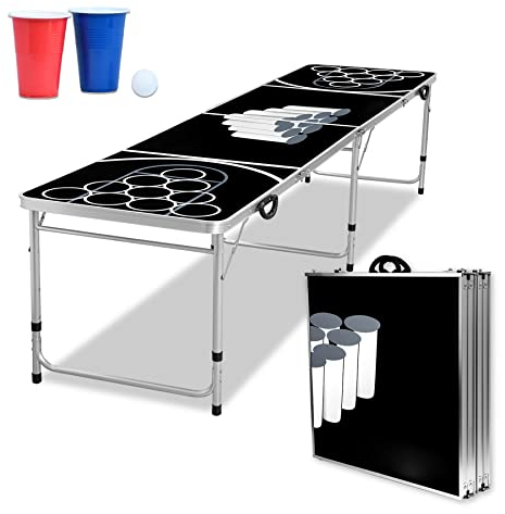 Froadp Beer Pong Trinkspiele Set Bierpong Becher Set inkl. 5 Tischtennisbälle Schwarz Kartenspiele Tische mit 50 Rot & 50 Blau Becher Höhenverstellbar Trinktische Gadgets für Party Feier Festival
