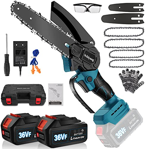 Mini Kettensäge mit Akku,Akku Kettensäge,6 Zoll und 4 Zoll mit 2 x 36V Akku und Schnell Ladegerät,Einhand Kettensäge mit 4 x Ketten für Holzschneiden,Gartenbaum,Baumbeschneidung