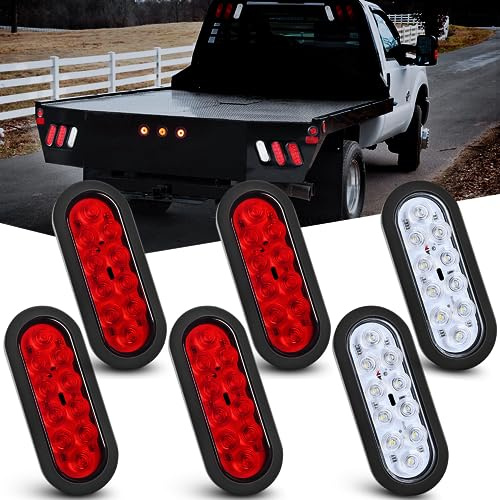 Nilight 6 Inch Oval Trailer Tail Light 6PCS Red White 10LED with Flush Mount Grommets Plugs IP67 Waterproof Brake Turn Signals Reverse Lights for RV Truck Trailers