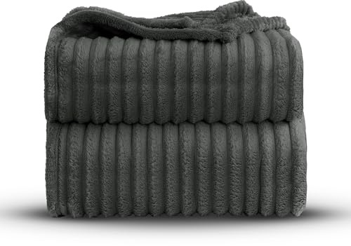 Velosso Super Chunky Ribbed 3cm Cord Faux Fur Velvet Touch Sofa Bed Throwover Soft Thermal Touch Snuggle Comfort Blanket (Charcoal, 150x200cms)