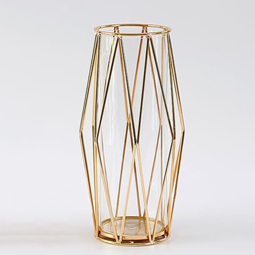 Glass Vase with Geometric Metal Stand - Stylish Modern Flower Vase for Pampas Grass & Flowers, Ideal for Living Room, Dining Table, Wedding Centerpieces, and Home Decorations - Gold, 28 cm