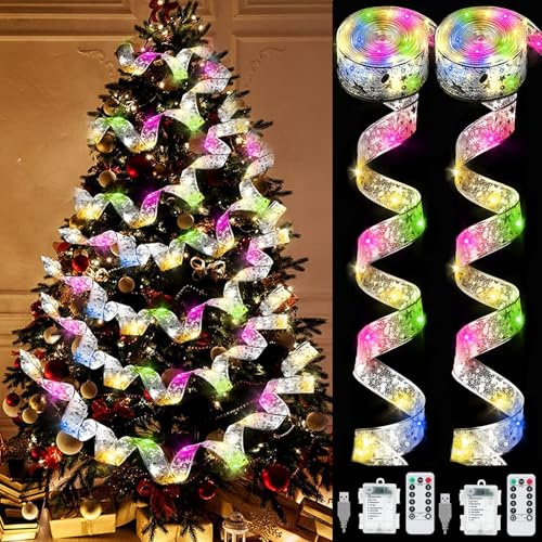 YeahBoom 2PCS Guirlandes Lumineuses à Ruban Brillant, 2×6M 60 LEDs, Sapin Noël LED, Decorative Nouvel An, Arc en Dentelle DIY à Piles