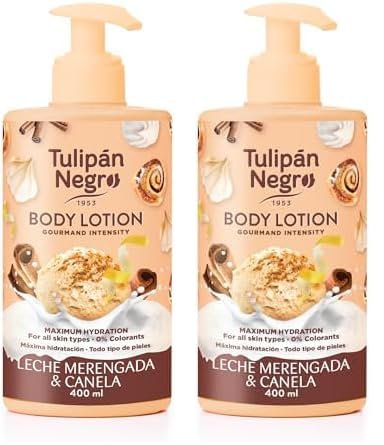 Tulipán Negro Loción Corporal con dosificador Leche Merengada y Canela, máxima hidratación 400 ml, intensamente perfumado y para todo tipo de pieles (Paquete de 2)