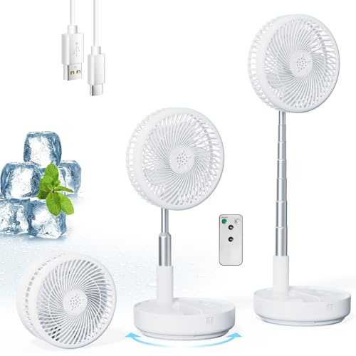 Primelove Portable Oscillating Rechargeable Fan, Battery Operated with 4 Speed Settings & Remote Control, Desk Travel Pedestal Fan for Sleeping, Camping, Cruise, RV - White 8 USB C