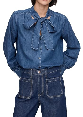 SUNNOW Women's Denim Tie Neck Shirt Button Up Long Sleeve Blouse Casual Tops with Ruffle Details on Shoulders, Indigo, M