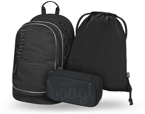 Baagl Schulrucksack Set Jungen Mädchen 3 Teilig, Schultasche für Grundschule Volksschule, Grundschule Ranzen mit Brustgurt, Ergonomischer Schulranzen (Uni Schwarz)