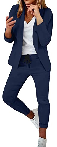 Generisch 2025 Traje de dos piezas para mujer, traje de oficina, negocios, chaqueta de manga larga, traje de pantalón, corte ajustado, traje de chaqueta para mujer, elegante, azul, azul oscuro, M