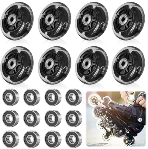 LEKEFETO Lot de 8 roulettes de rollers en ligne, 72 mm, noires, transparentes, avec 8 roulements à billes, universelles pour tous les types de patins à roulettes, noires