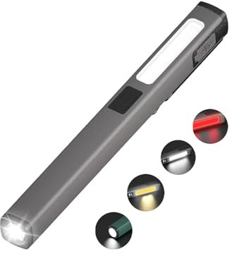 Lampe de poche LED rechargeable, COB avec modes blanc/rouge, câble USB-C, lampe de travail portable 6 modes indicateur batterie, étanche, pour camping, urgences & atelier